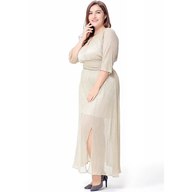 Eoropean Women Summer Dress O Neck Half Sleeve Plus Size 6XL Beige Draped Split Vestidos longos de verao | Женская одежда