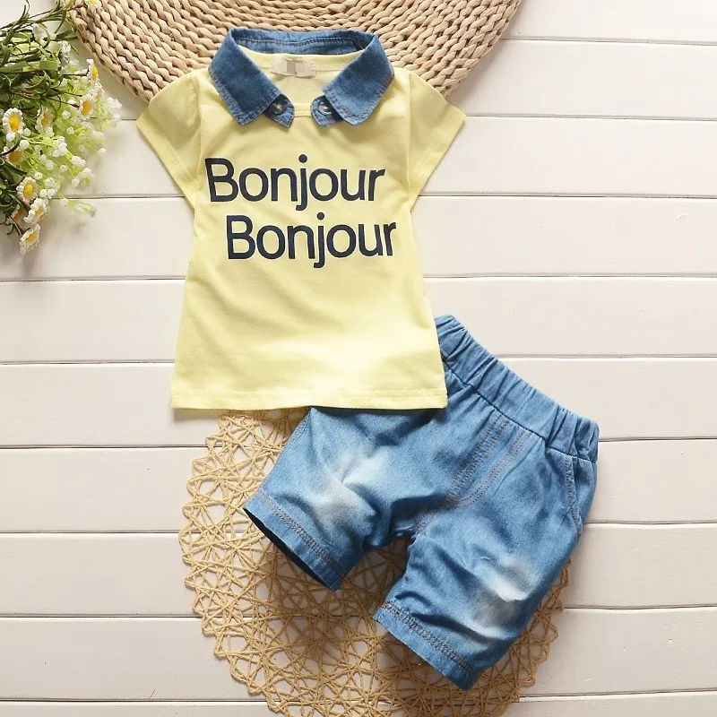 ExactlyFZBaby boys summer removable denim lapel clothes suit kids letter t shirt jean shorts children leisure clothing sets |