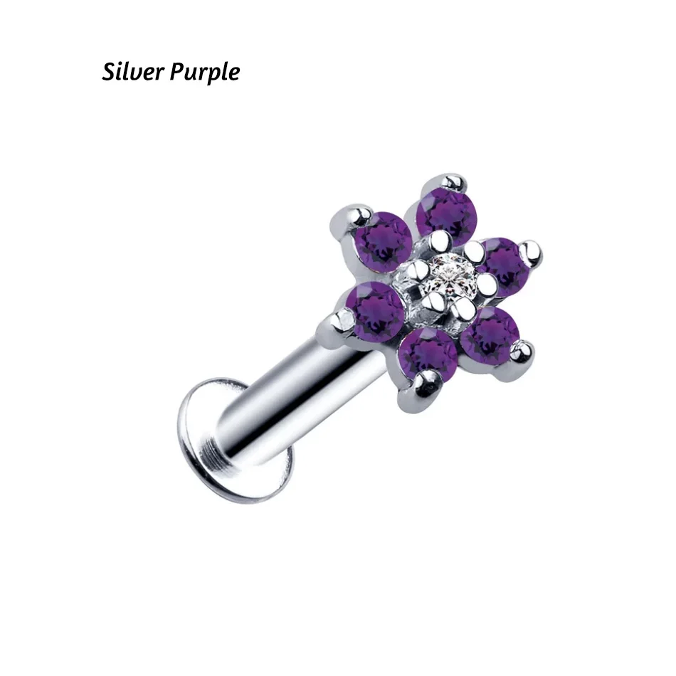Silver Purple 1 шт. 16 г сталь губная серьга Хрящ уха цветок из опала серьги для губ серьги пирсинг для козелка ушной раковины Ombligo пирсинг для тела ювелирные изделия - Окраска металла: Silver Purple