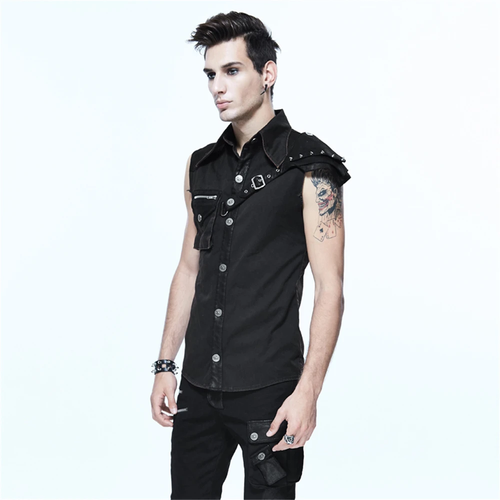 Steampunk Men's Button-down Shirt Slim-fitting Black Casual Summer Strap Sleeveless Tops | Мужская одежда
