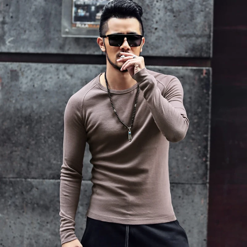 Мужская хлопковая футболка с длинным рукавом приталенная|tee shirt|men casuallong sleeve t-shirt |