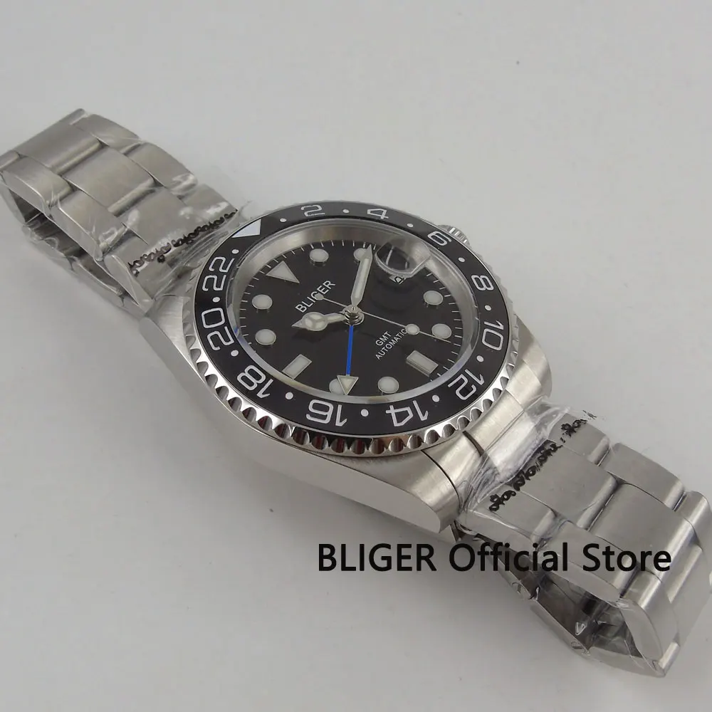 BLIGER 40 мм черный циферблат Керамика ободок GMT Функция Дата Лупа световой