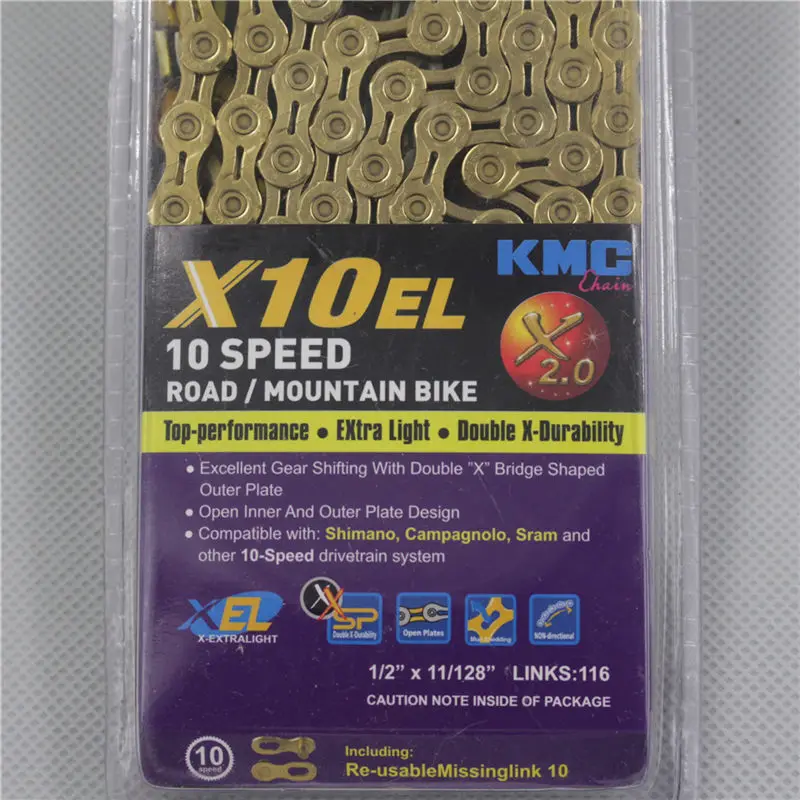 Велосипедная цепь KMC X8 X9 X10 X10SL X11 X11SL X12 7S 8S 9S 10S 11S 12S для MTB/шоссейного велосипеда Shimano/SRAM 8 9 10 11 скорость 116л/цепь - Цвет: X10EL Gold 116L