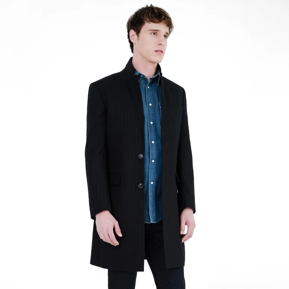 Мужской однобортный длинный пиджак из 2015 шерсти в черную полоску теплая Модная