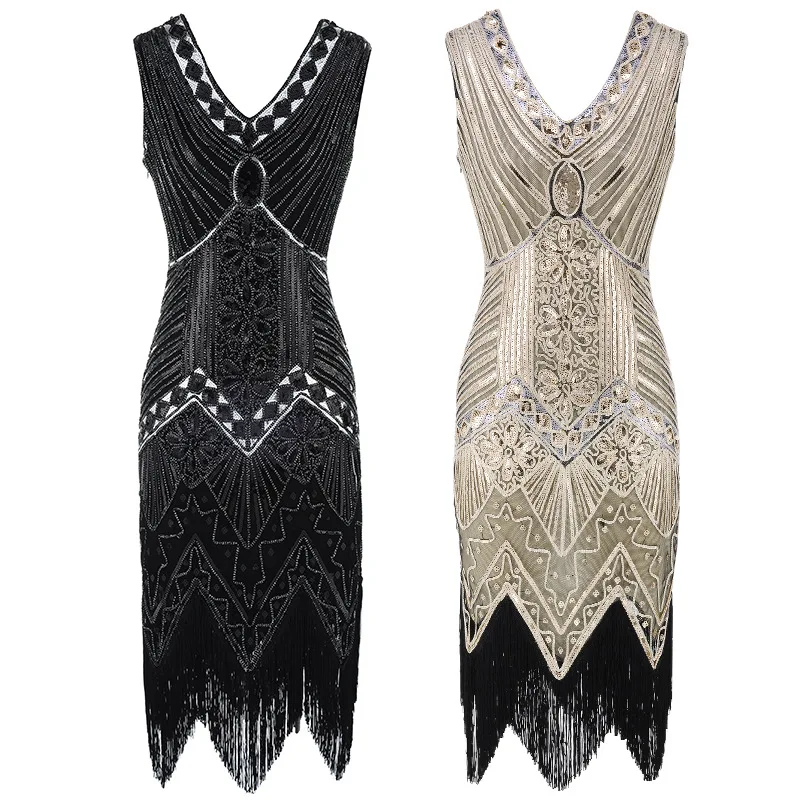 Женское винтажное платье Vestidos черное золотое с оборками бахромой без рукавов v