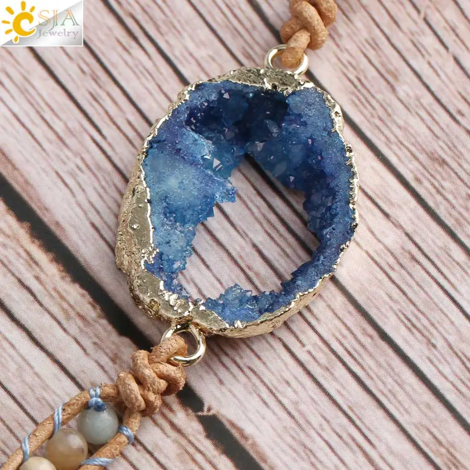 CSJA Boho браслеты из натурального камня с бусинами Многослойный кожаный браслет ручной работы позолоченный синий друзы Подвески Ювелирные изделия S433