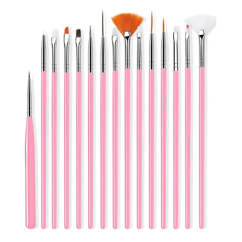 15 Pcs Pink ROHWXY ногтей искусство кисти для маникюра живопись цветочный Рисунок линии сетка полоса акриловая УФ гель ручка советы из серии «сделай сам» дизайн ногтей Кисти Набор - Цвет: 15 Pcs Pink