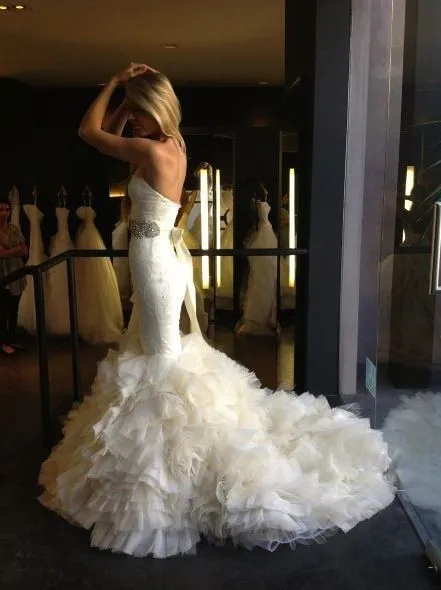 2014 Real Sample Noble Luxury Lace Wedding Dresses Mermaid Flowers With Sash Bridal Gowns Organza MH-103 | Свадьбы и торжества