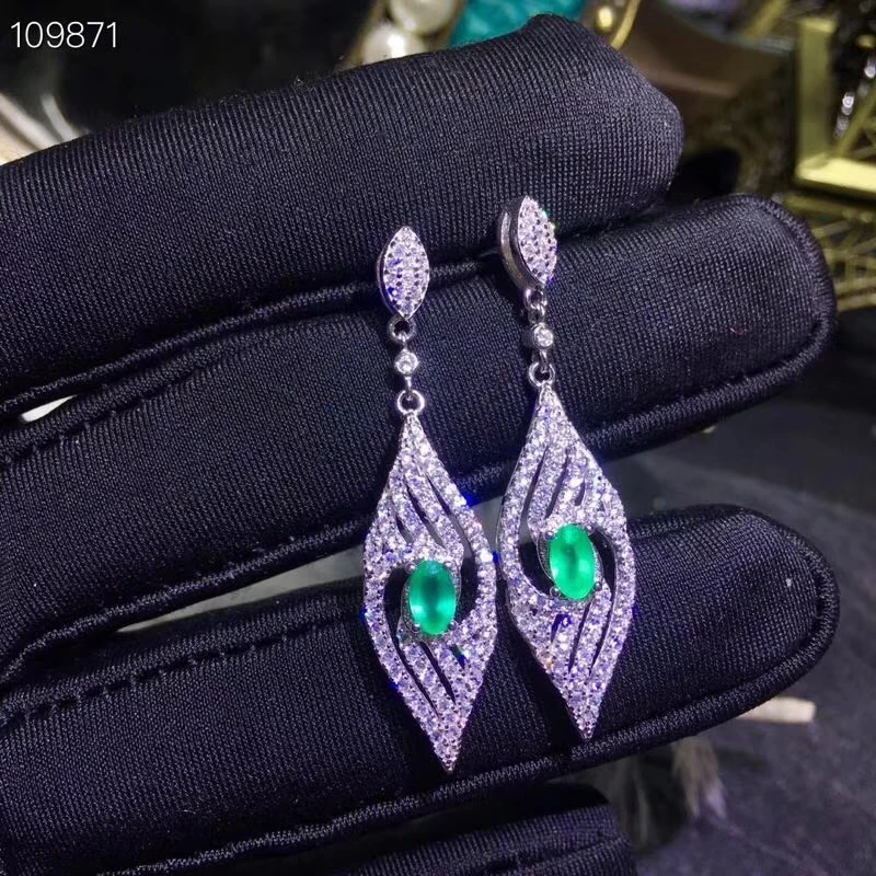 Женские серьги подвески с изумрудом из серебра 925 пробы|Серьги-подвески| |