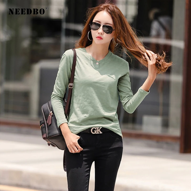 NEEDBO женская футболка с длинным рукавом Однотонная из хлопка и