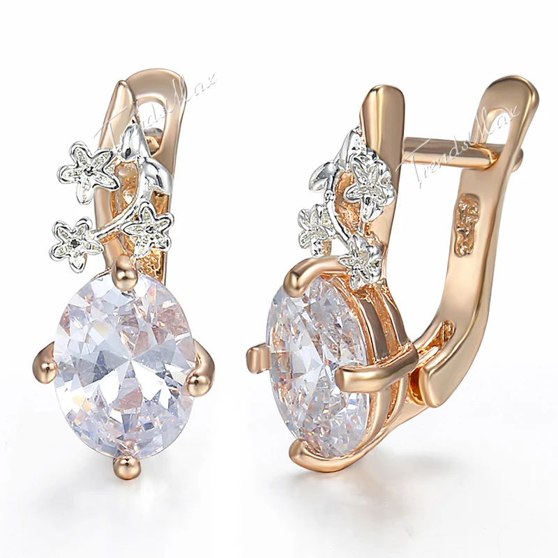 585 Rose Gold Filled Ladies Womens Earrings Flowers Oval Clear CZ White Snap Closure Cubic Zirconia GE77 | Украшения и аксессуары
