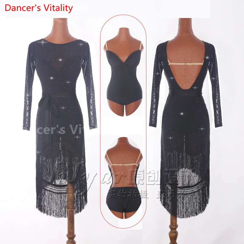 Женское платье для латиноамериканских танцев с кисточками и стразами|latin dance dress