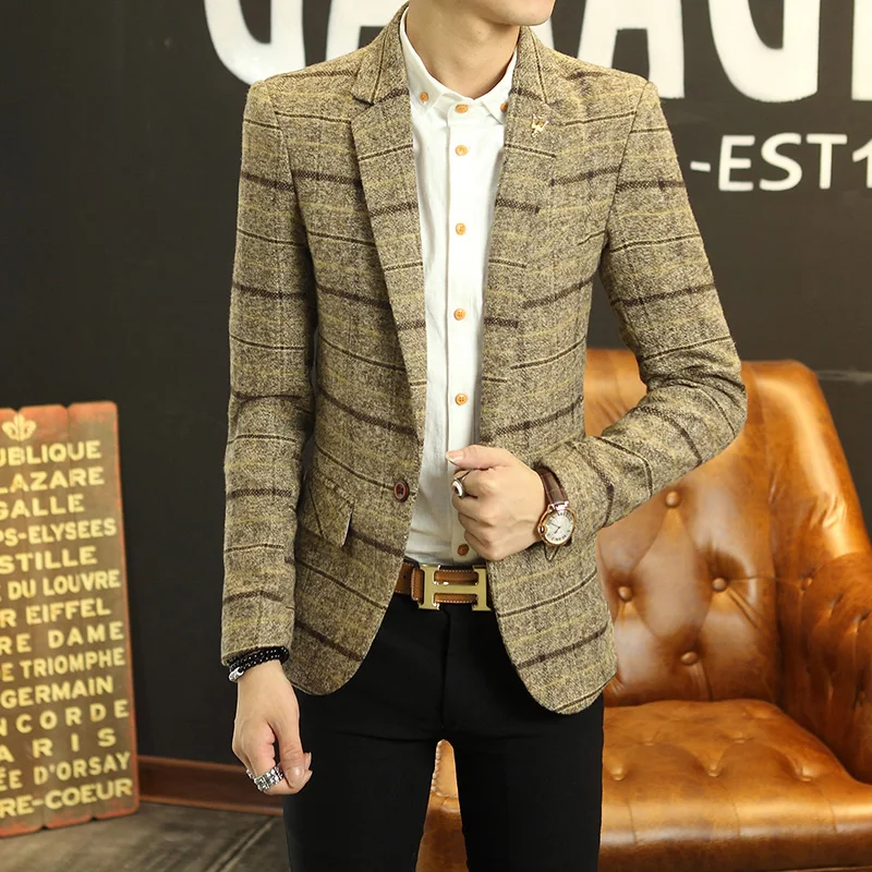 

2020 New arrival Men suit blazers masculino mens suit jacket blazer plaid striped Woolen Slim fit coat Trend Autumn and winter