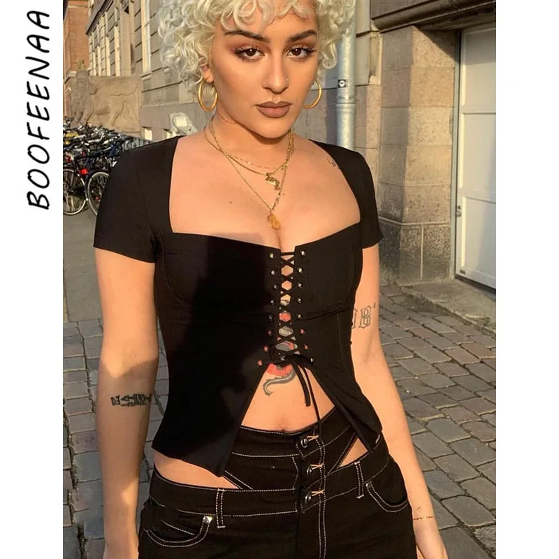 BOOFEENAA кружевная бандажная Сексуальная футболка женский короткий топ лето 2019