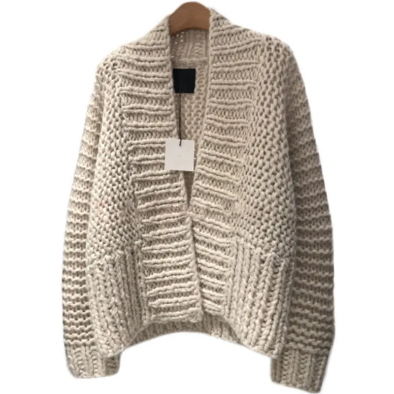 

V-neck Thick-knit Cardigan Open Stitch Loose Long-sleeved Sweater Striped Crocheted Coat Hand Knitted Jacket Solid Color Tops
