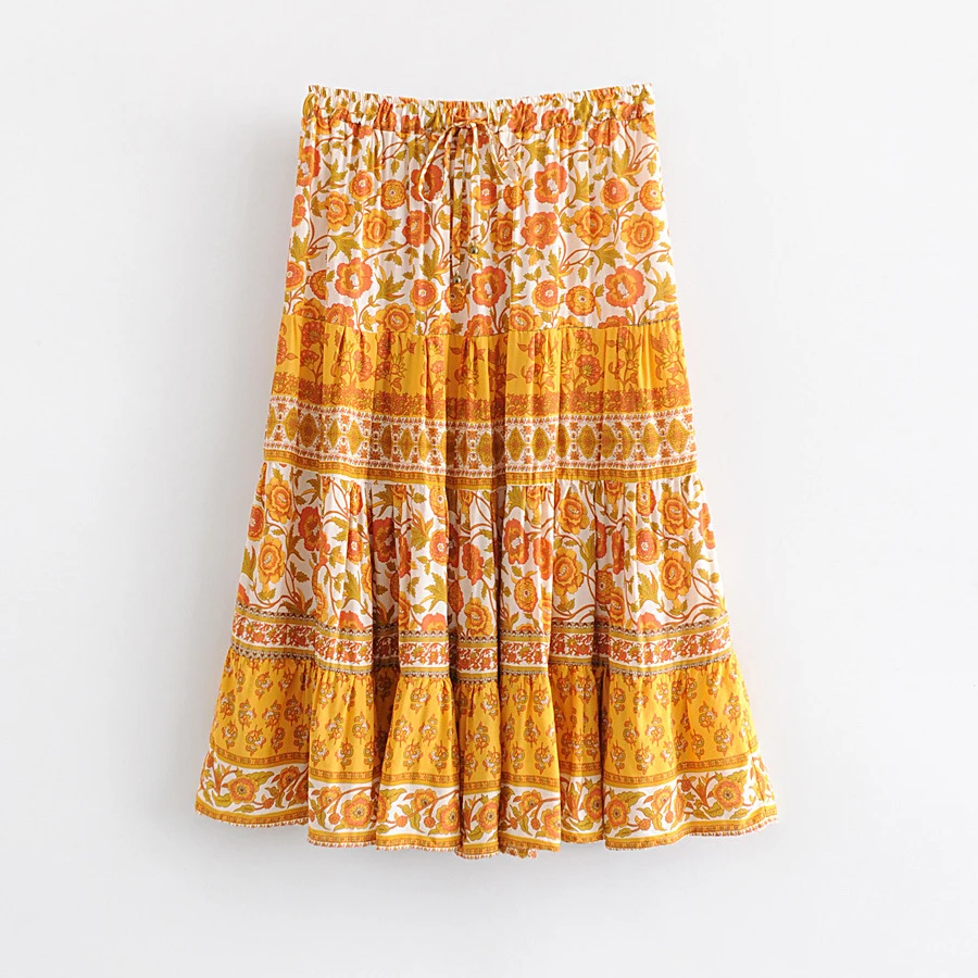 Женская длинная юбка в стиле бохо TEELYNN желтая летняя из вискозы с цветочным