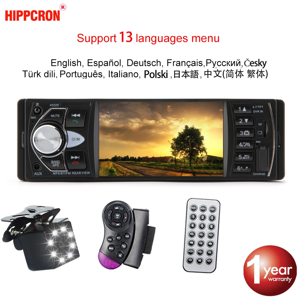 Автомагнитола Hippcron 1 Din 4022D Bluetooth 4 &quotэкран поддержка камеры заднего вида рулевое