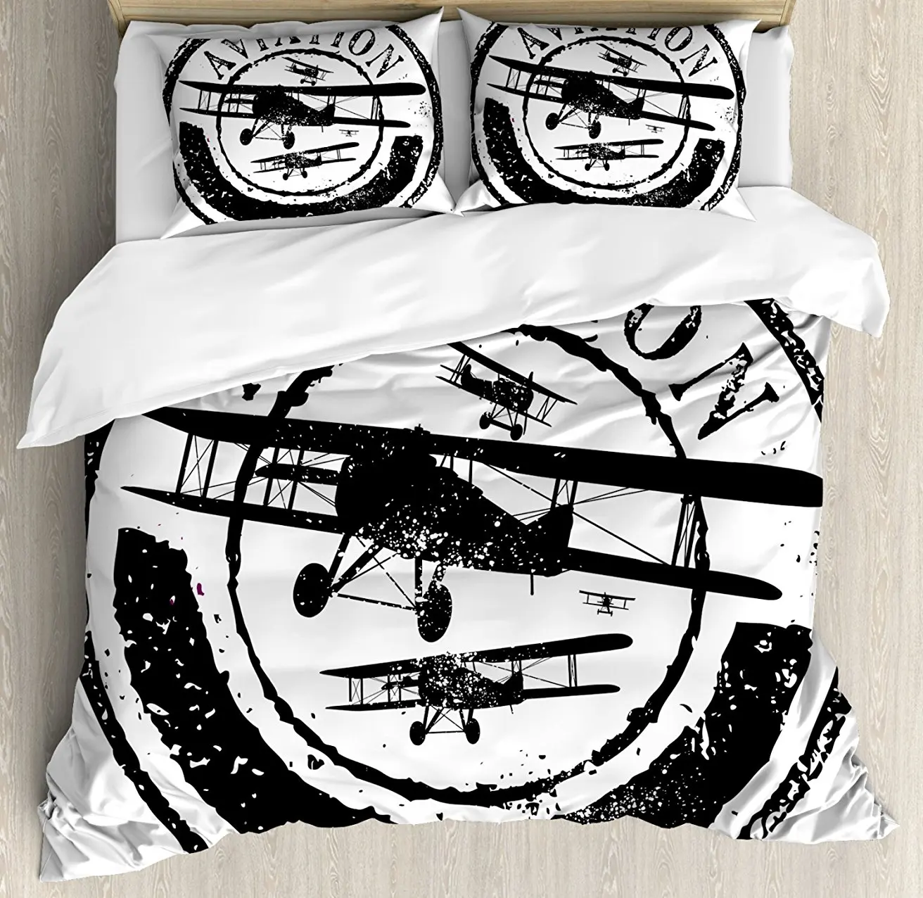 

Vintage Airplane Decor Duvet Cover Set Grunge Stamp Design with Word Aviation and Airplane Silhouettes Decor Bedding Set