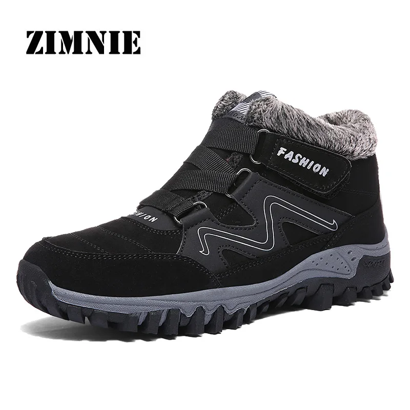 Black ZIMNIE/ Мужская обувь для бега; теплые зимние ботинки на меху; зимняя рабочая обувь; Модные ботильоны на резиновой подошве для мужчин и женщин - Цвет: Black