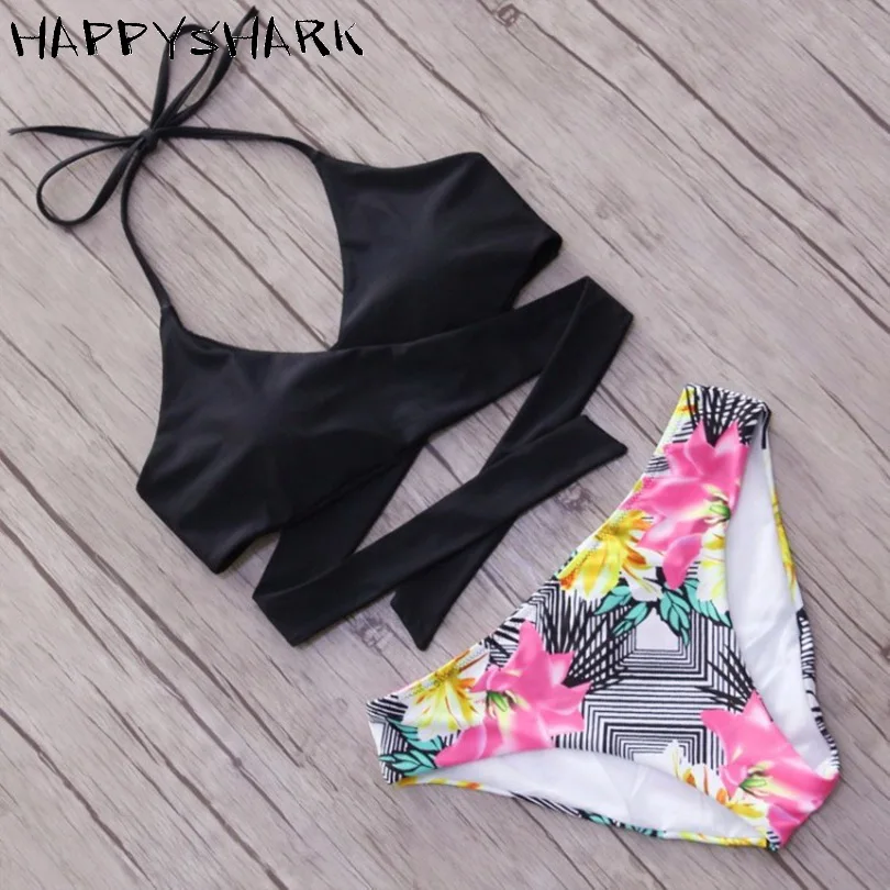 Wrap Body Bikinis Set 2018 New X Cross Bandage Halter Swimwear High Waisted Floral Printed Solid Strappy Push Up Swimsuit XL |