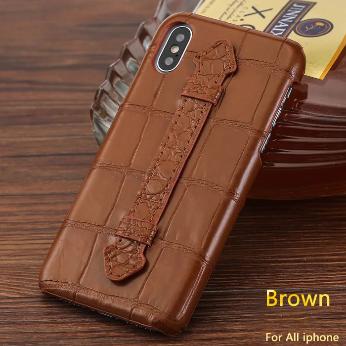 Brown Чехол из натуральной крокодиловой кожи чехол для Iphone 6 S 7 8 Plus X XS MAX XR роскошный чехол ручной работы Croco кольцо ремень для Iphone X 6 Plus - Цвет: Brown