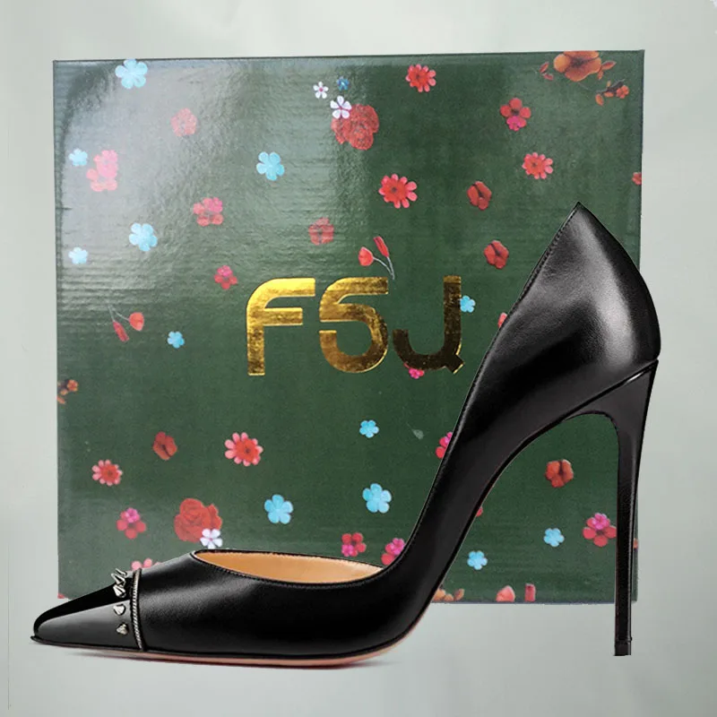 

Elegant Rivets Pumps Black Leather Shoes Woman Pointed Toe High Thin Heel Handmade Summer Party Evening Stilettos FSJ Big Size16