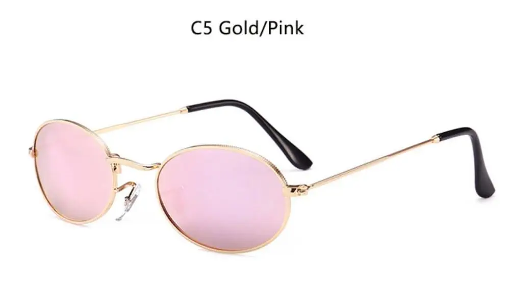 C5 gold pink 90s Овальные Солнцезащитные очки Золотой Черный Ретро Розовый Красный Солнцезащитные очки для женщин зеркальные люкс 80s маленькие круглые солнцезащитные очки мужские Плоские линзы винтажные УФ - Цвет линз: C5 gold pink