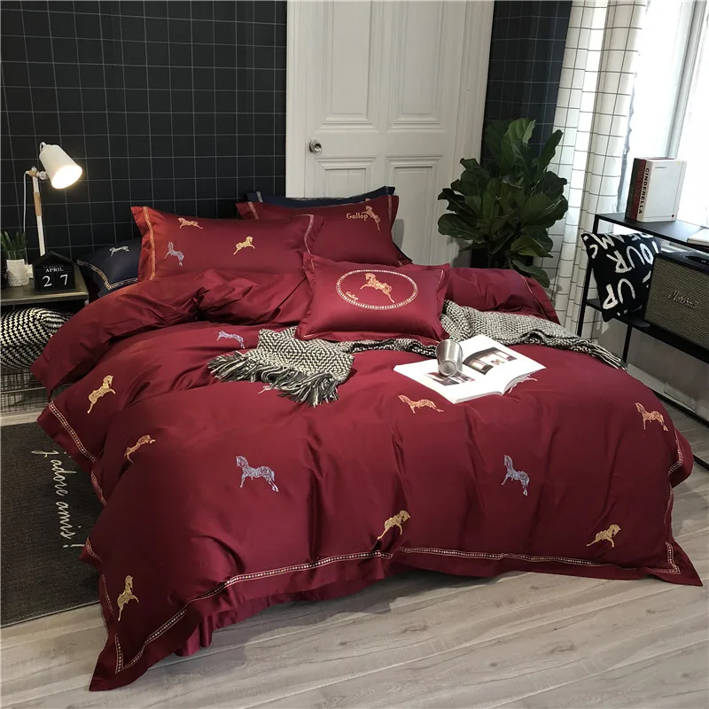 Luxury Egyptian Cotton Bedding Set Duvet Cover Sheet Pillowcase King Queen Size Embroidered horse Bed Linen for wedding | Дом и сад