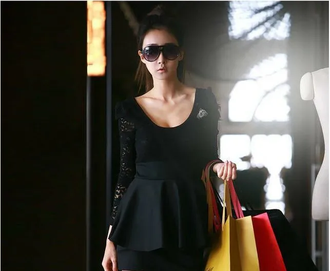 2013 new dresses women dress long sleeve mini Elegnat Lace Black cotton blends Free Size | Женская одежда