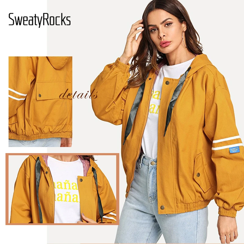 SweatyRocks полосатая контрастная ветровка на молнии с капюшоном и завязками Женская одежда для активного отдыха повседневные пальто и куртки