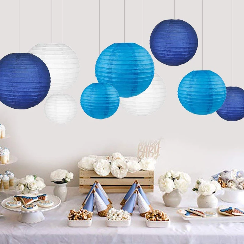 

12 Pcs/set 6"-12" White Blue and Light Blue Chinese Paper lampion Lanterns Assorted Sizes for Wedding Party Hanging Decor Favor