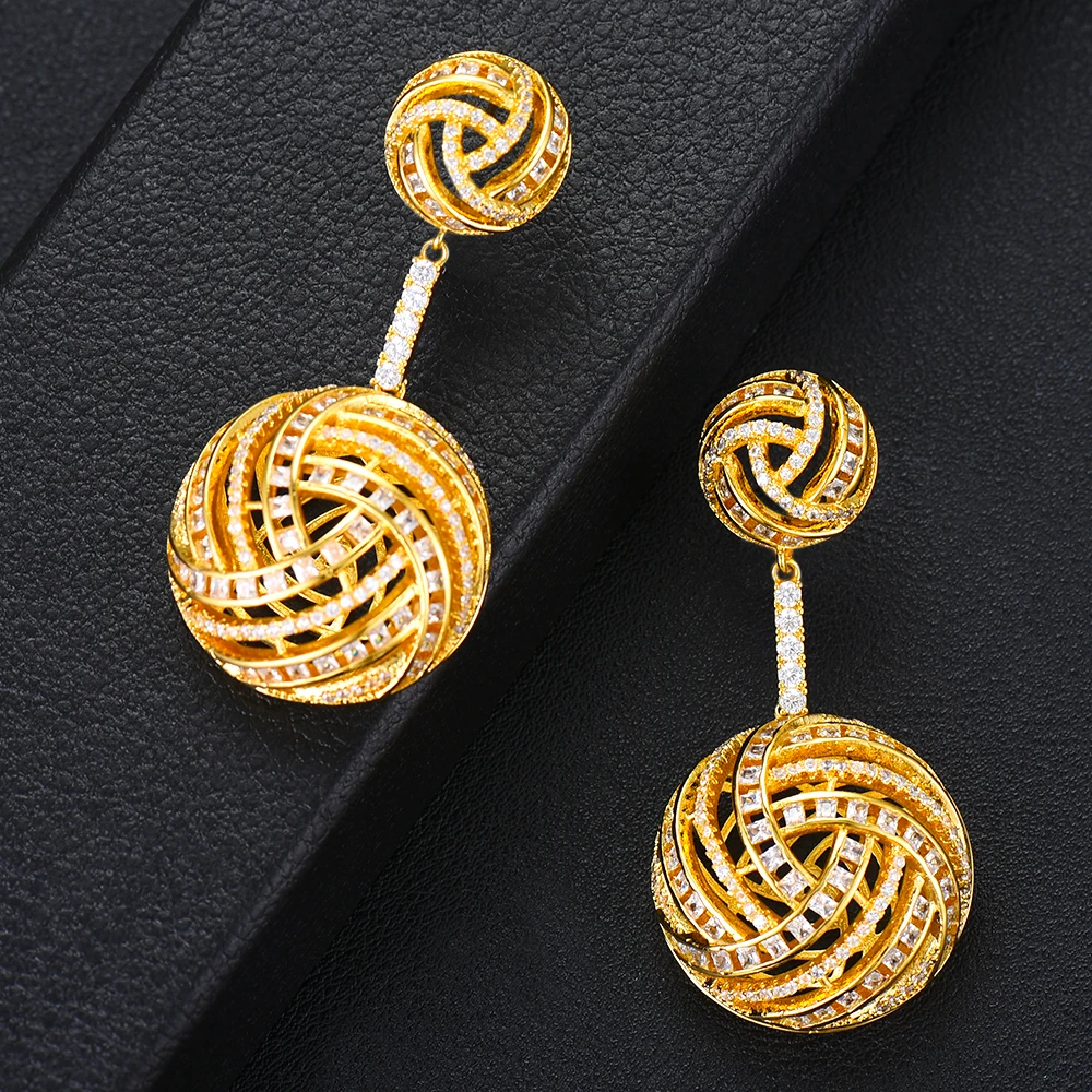 GODK 54mm Luxury Hollow Ball Statement Drop Earrings For Women Wedding Cubic Zircon Party Dubai Bridal Jewelry | Украшения и