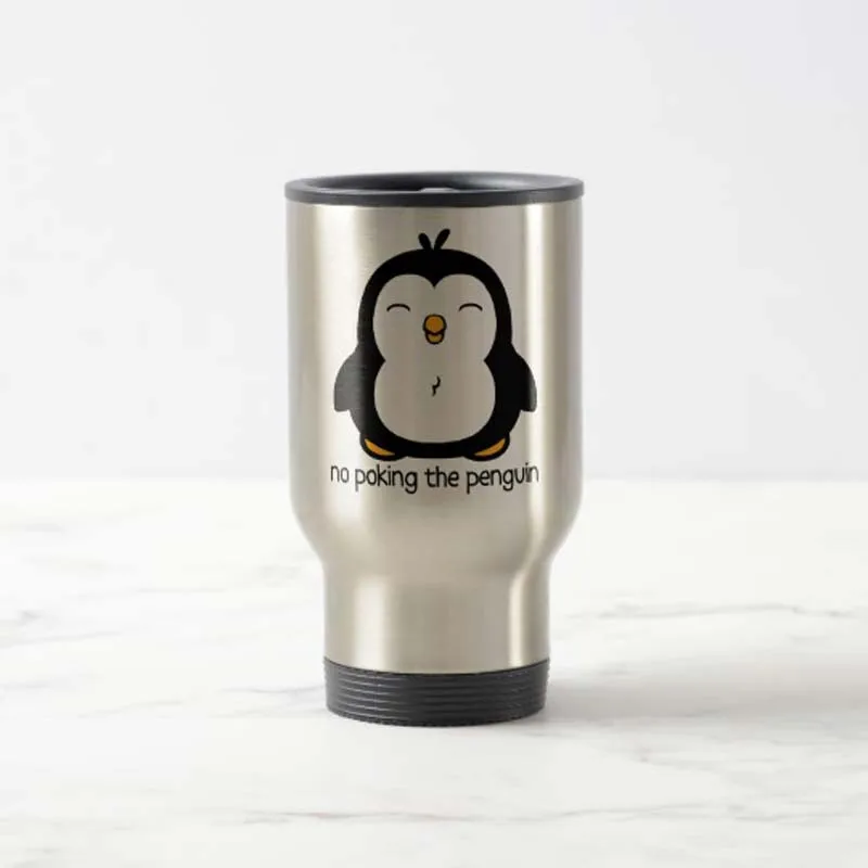 

Funny Tea Mug No Poking The Penguin Travel Mug Stainless Steel coffee Cup with Handle - Great Gift Mugs 14 Ounce
