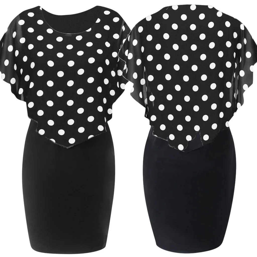 Женское богемное повседневное шифоновое мини платье в горошек с круглым вырезом