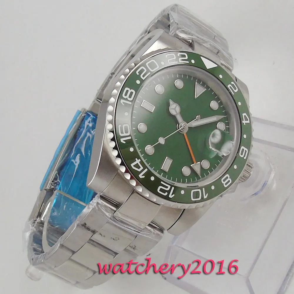 Новые 40 мм зеленый циферблат сапфировое стекло GMT светящаяся Дата Регулировка