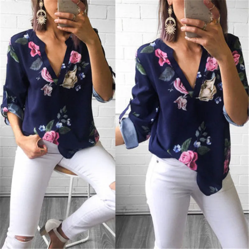 Модные женские рубашки с рукавом три четверти V образным вырезом и цветочным