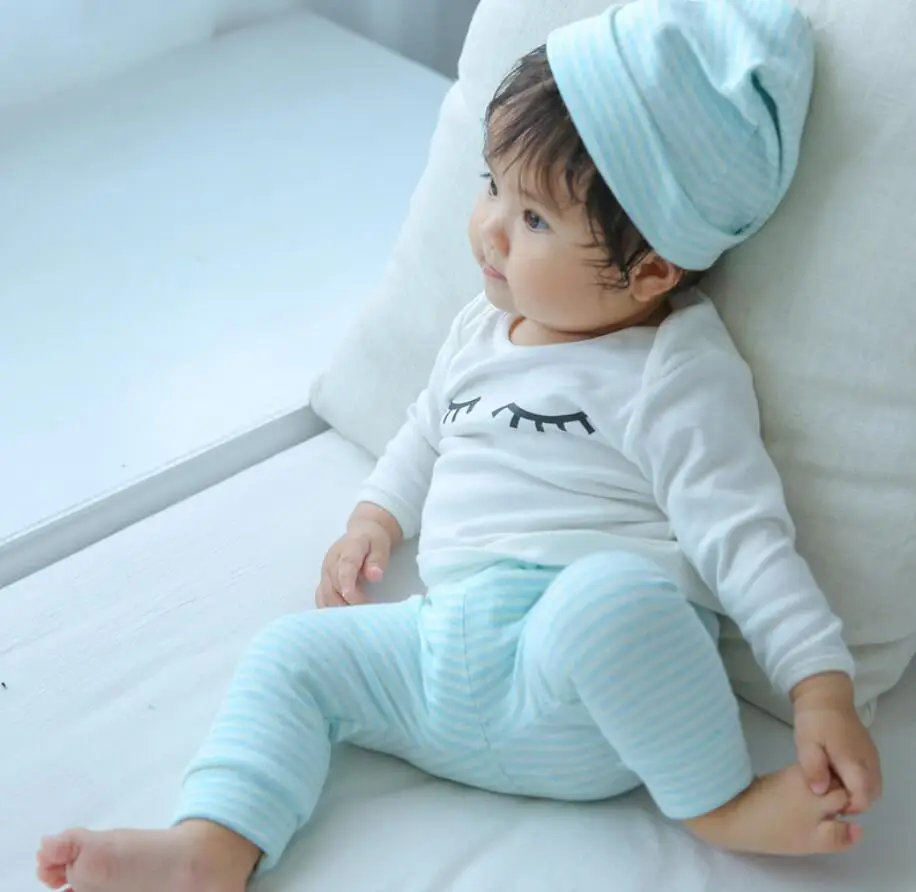 3 шт./компл. Топы + штаны шапка в полоску с ресницами для маленьких девочек и