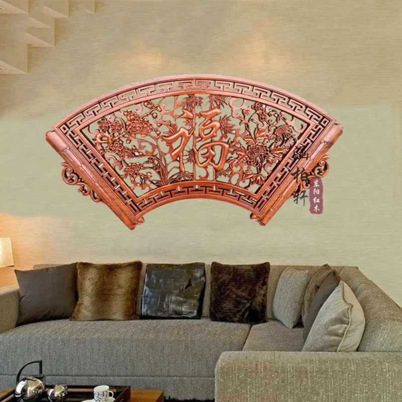 Colgantes de talla de madera en forma de abanico para sala de estar, colgante de pared redondo de bendici&oacute;n, decoraci&oacute;n de estilo chino, pintura de fondo, 40x80cm-0