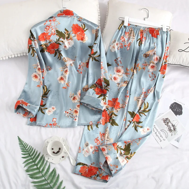 Sexy Women pajamas set Satin Sleepwear Pijamas Silk Feeling Long Sleeve Flower Print Pajamas Sets for Pijama Feminino | Женская одежда
