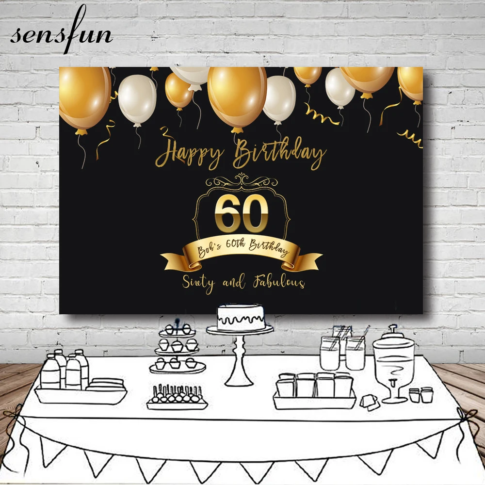 Sensfun Золотой счастливый 60th день рождения фон воздушные шары черная тема Мужчины Женщины фотографии фоны индивидуальные 7x5ft винил