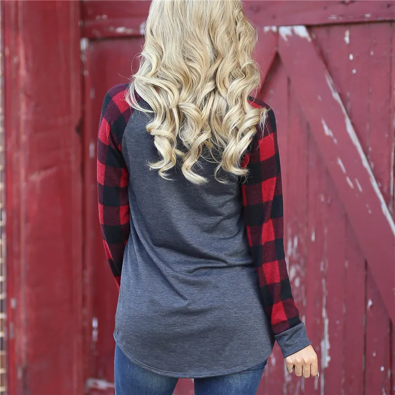 Rogi Female T-Shirts Casual Long Sleeve T Shirt Women 2019 Fashion Plaid Patchwork Baseball Tops Tee Femme Camiseta Mujer | Женская