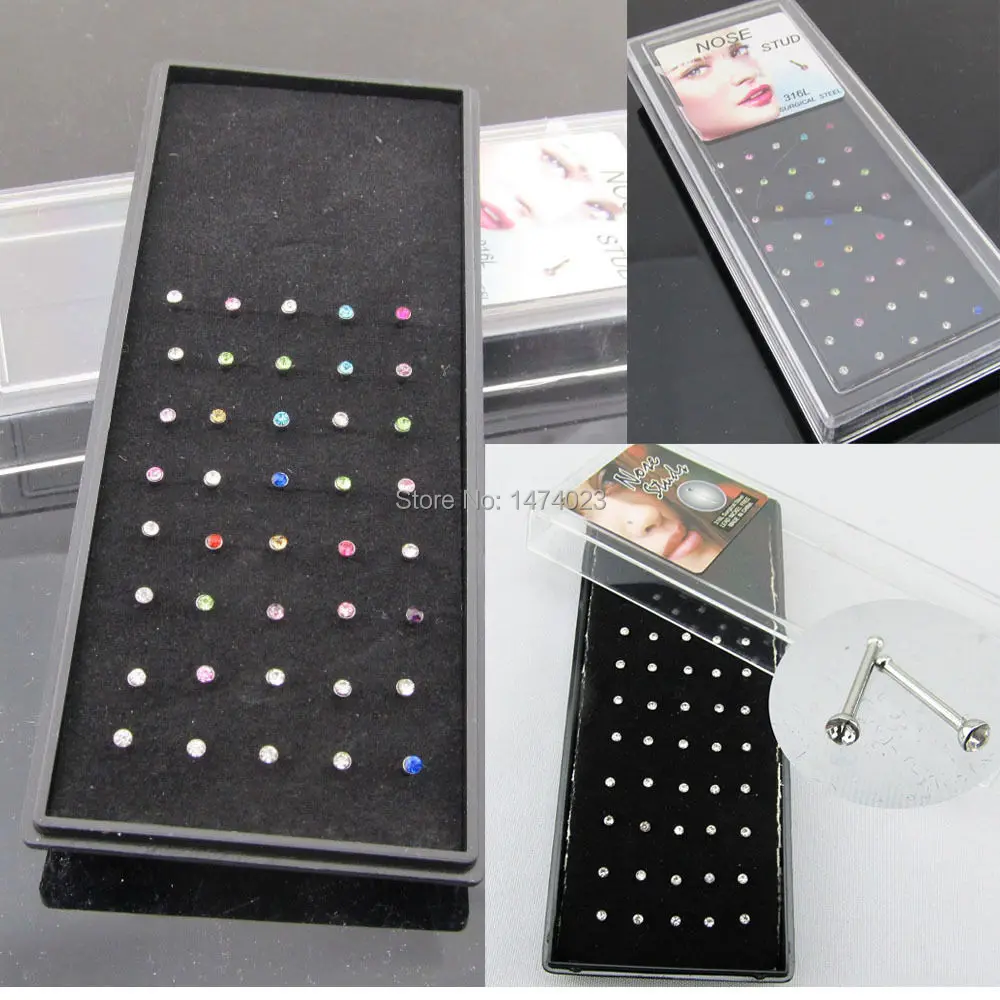 60 шт в партии Прозрачный и многоцветный 2 мм Кристалл нос гвоздик пирсинг для тела