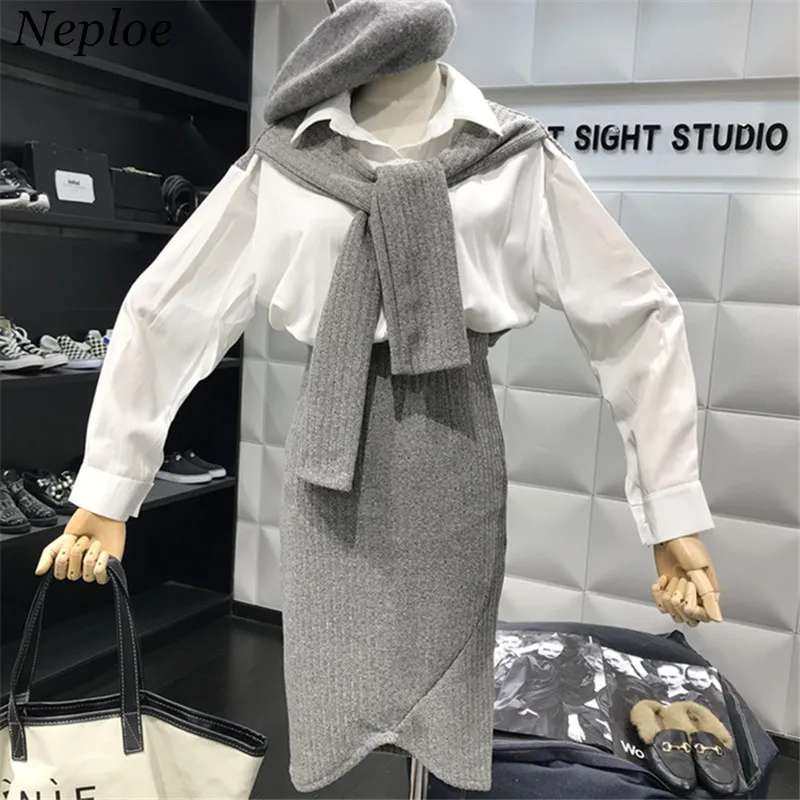 Neploe Двойка Вязаная Шаль лоскутное Однотонная рубашка + вязаная юбка 2019 Осень