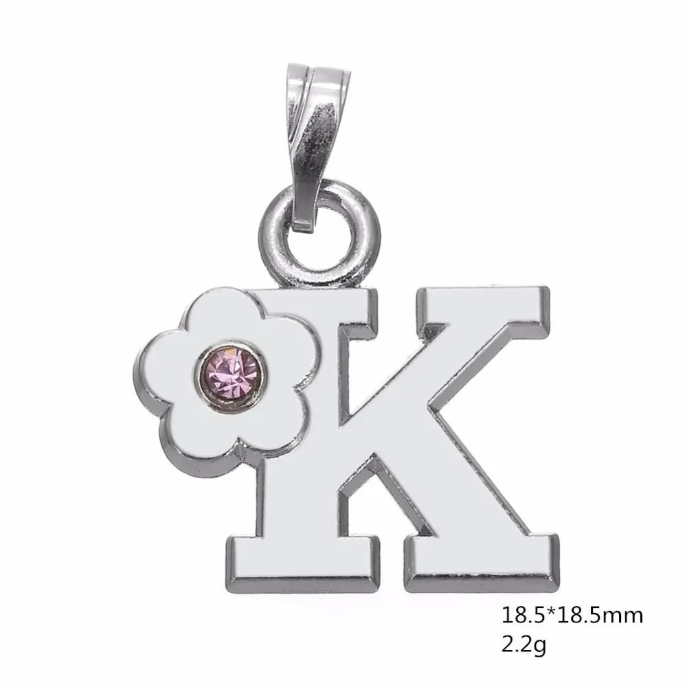 Серебро Цинк сплав Алфавит Письмо NOPQRSTUVWXYZ Подвеска Шарм с розовый цветок из страз для женщин ожерелье