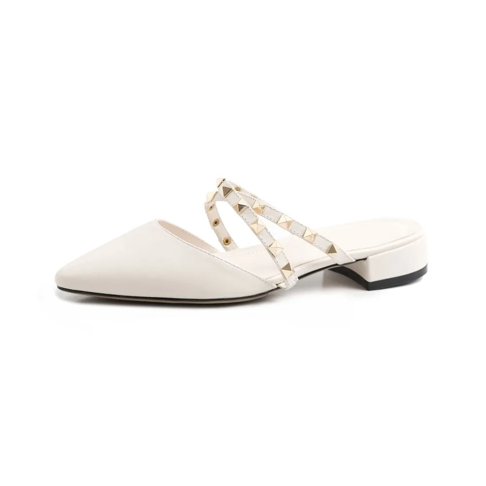 Kmeioo Fashion Rivets Sandals Woman Pointed Toe Square Heels Cross-Tie Low Heel Mule Slides Women Classic Dress Mules Beige | Обувь