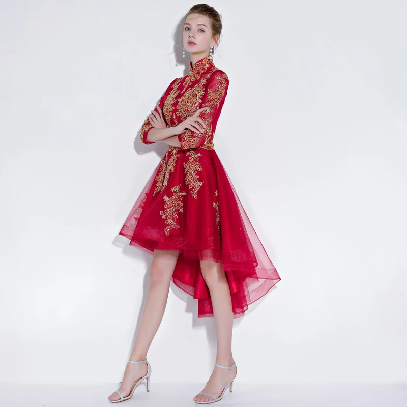 Robe De Soiree 2018 новый красный банкет Половина рукава спереди короткий сзади длинный