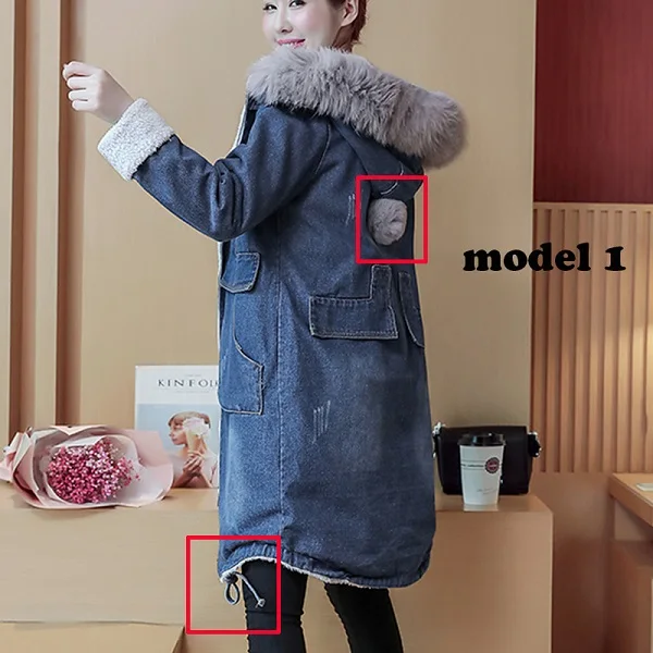 model 1 Теплые зимние Длинный Бомбер Для женщин Демисезонная куртка с капюшоном джинсы Джинсовые куртки основные дамы ветровка женский большой плюс Размеры ветровка женская - Цвет: model 1