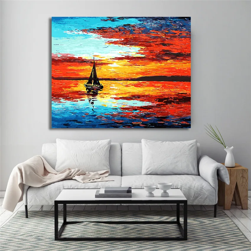 RIHE Dusk Ocean Diy Краска ing по номерам абстрактная картина маслом с парусной лодкой