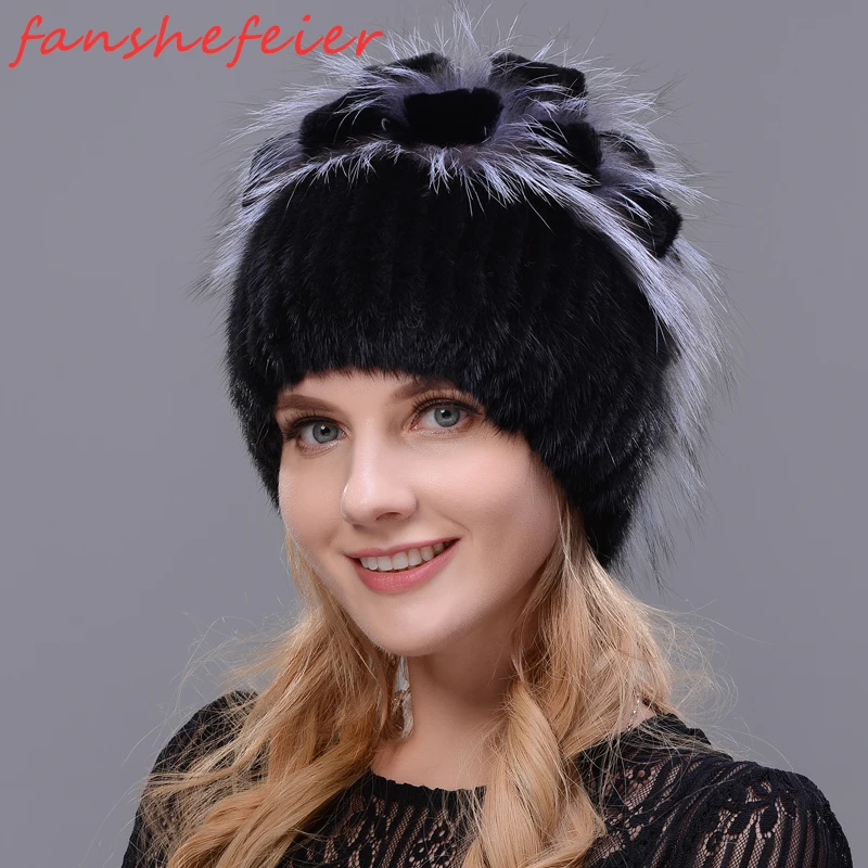 Русская вязаная шапка FANSHEFEIER с оттером и лисой натуральным мехом зимняя женская
