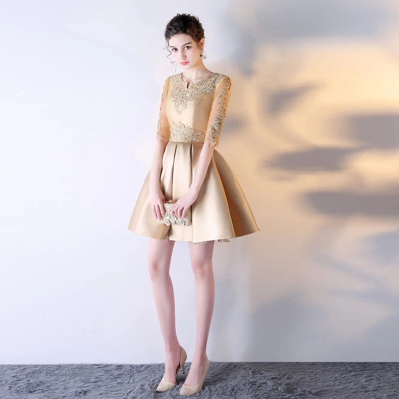 Robe De Soiree короткое Новое роскошное Золотое кружевное вечернее платье на заказ